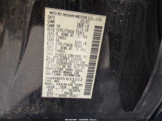 Auction sale of the 2007 Nissan Pathfinder S, vin: 5N1AR18U37C633152, lot number: 46316997