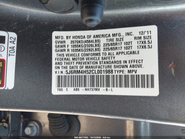 Aukcja sprzedaży 2012 Honda Cr-v Ex, vin: 5J6RM4H52CL001988, numer aukcji: 46317002