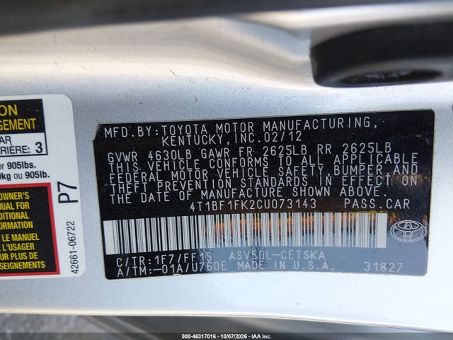 2012 Toyota Camry Se მანქანა იყიდება აუქციონზე, vin: 4T1BF1FK2CU073143, აუქციონის ნომერი: 46317016