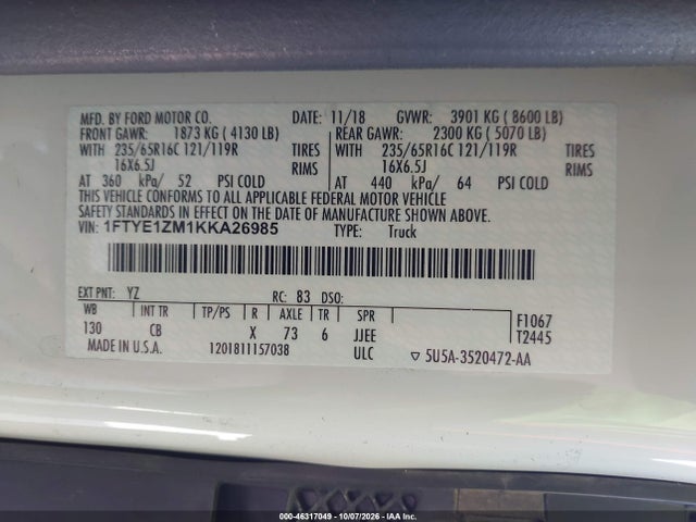 Продажа на аукционе авто 2019 Ford Transit-150, vin: 1FTYE1ZM1KKA26985, номер лота: 46317049