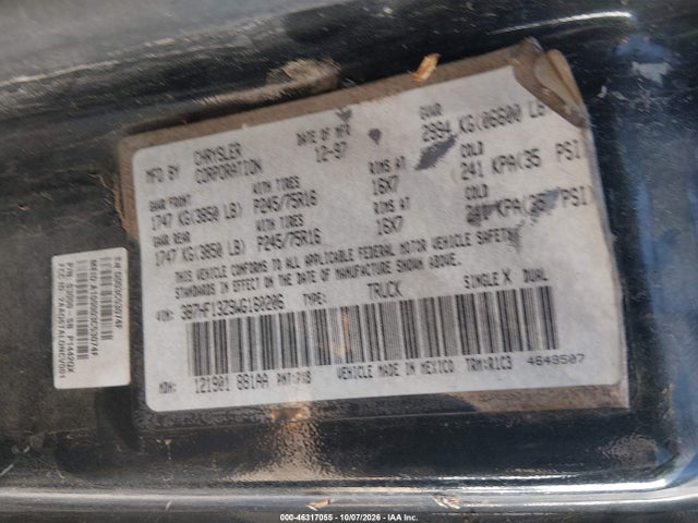 46317055 :رقم المزاد ، 3B7HF13Z9WG160206 vin ، 1998 Dodge Ram 1500 St مزاد بيع