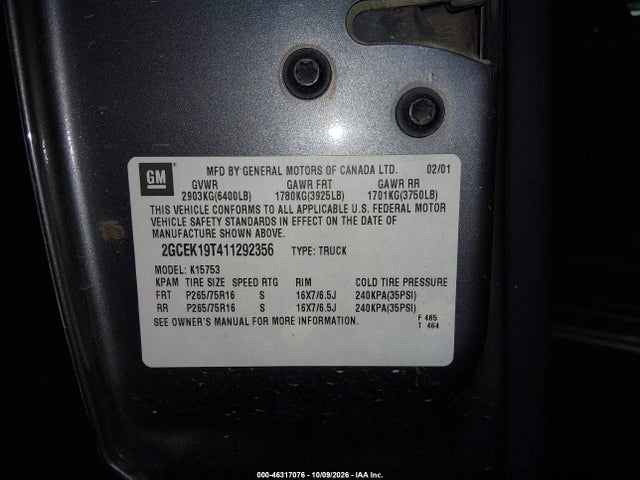 2001 Chevrolet Silverado 1500 Ls მანქანა იყიდება აუქციონზე, vin: 2GCEK19T411292356, აუქციონის ნომერი: 46317076