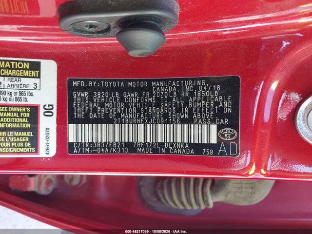Продаж на аукціоні авто 2018 Toyota Corolla Le, vin: 2T1BURHEXJC091156, номер лоту: 46317099
