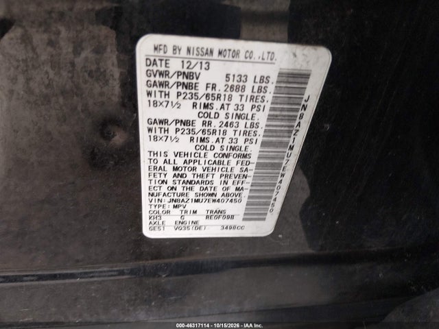 2014 Nissan Murano Sv მანქანა იყიდება აუქციონზე, vin: JN8AZ1MU7EW407450, აუქციონის ნომერი: 46317114