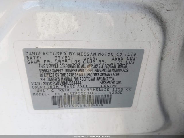 Aukcja sprzedaży 2021 Nissan Kicks S Xtronic Cvt, vin: 3N1CP5BVXML524444, numer aukcji: 46317118