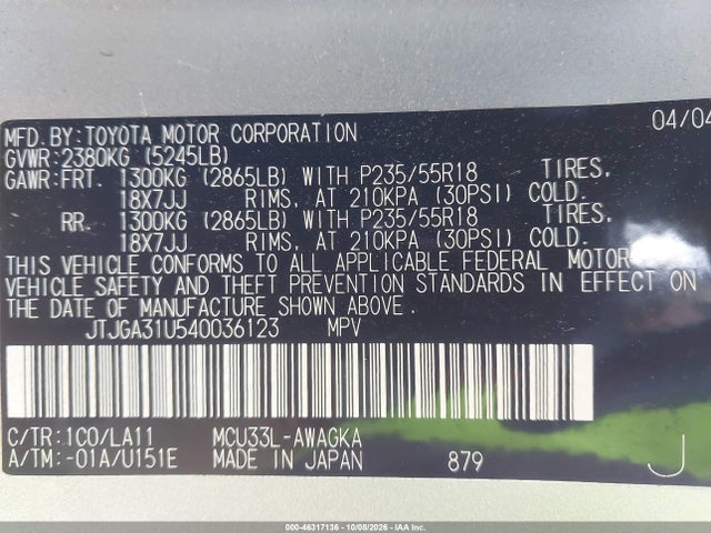 46317136 :رقم المزاد ، JTJGA31U540036123 vin ، 2004 Lexus Rx 330 مزاد بيع