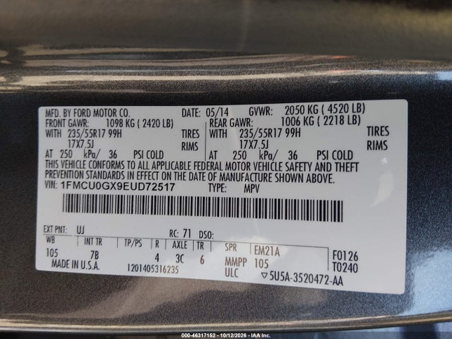 Aukcja sprzedaży 2014 Ford Escape Se, vin: 1FMCU0GX9EUD72517, numer aukcji: 46317152