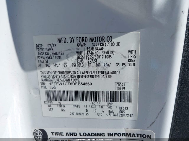 46317156 :رقم المزاد ، 1FTFW1CT6DFB54560 vin ، 2013 Ford F-150 Xlt مزاد بيع