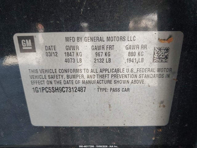 Aukcja sprzedaży 2012 Chevrolet Cruze Ls, vin: 1G1PC5SH9C7312487, numer aukcji: 46317206