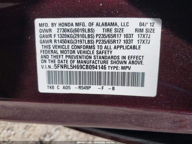 2012 Honda Odyssey Ex-l მანქანა იყიდება აუქციონზე, vin: 5FNRL5H69CB094146, აუქციონის ნომერი: 46317225