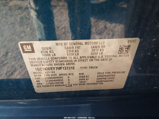 46317231 :رقم المزاد ، 1GC1KWEY7HF137316 vin ، 2017 Chevrolet Silverado 2500hd Ltz مزاد بيع