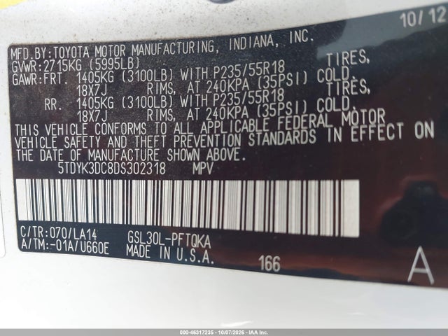 46317235 :رقم المزاد ، 5TDYK3DC8DS302318 vin ، 2013 Toyota Sienna Limited V6 7 Passenger مزاد بيع