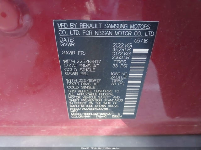 Aukcja sprzedaży 2016 Nissan Rogue Sv, vin: KNMAT2MV0GP699788, numer aukcji: 46317236