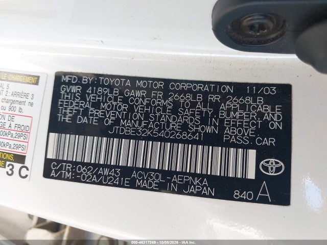 Продаж на аукціоні авто 2004 Toyota Camry Le, vin: JTDBE32K540268641, номер лоту: 46317249