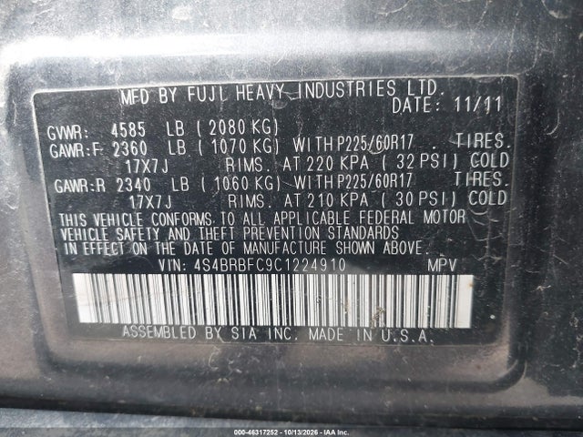 Aukcja sprzedaży 2012 Subaru Outback 2.5i Premium, vin: 4S4BRBFC9C1224910, numer aukcji: 46317252