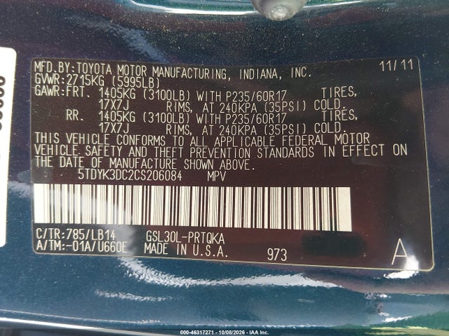 Aukcja sprzedaży 2012 Toyota Sienna Xle V6 8 Passenger, vin: 5TDYK3DC2CS206084, numer aukcji: 46317271
