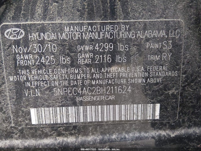 Продаж на аукціоні авто 2011 Hyundai Sonata Se, vin: 5NPEC4AC2BH211624, номер лоту: 46317323