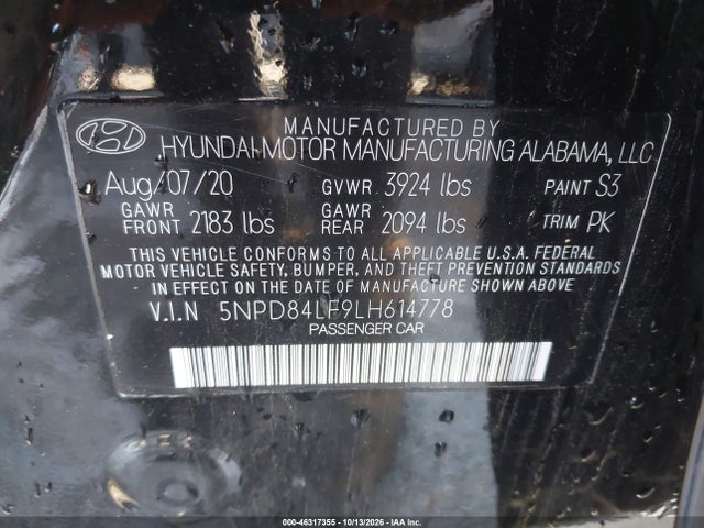46317355 :رقم المزاد ، 5NPD84LF9LH614778 vin ، 2020 Hyundai Elantra Sel مزاد بيع