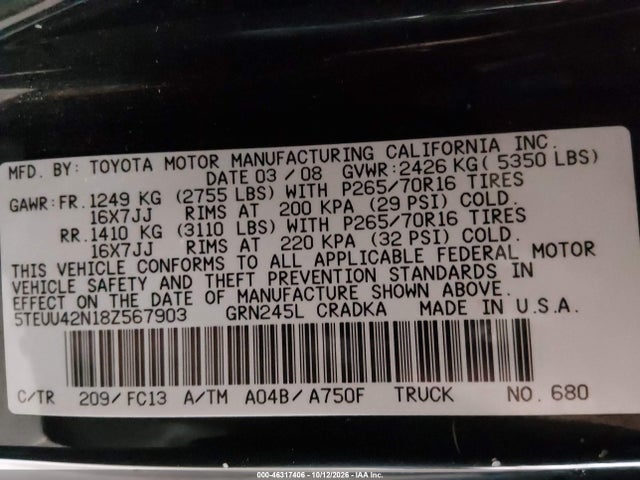 46317406 :رقم المزاد ، 5TEUU42N18Z567903 vin ، 2008 Toyota Tacoma Base V6 مزاد بيع