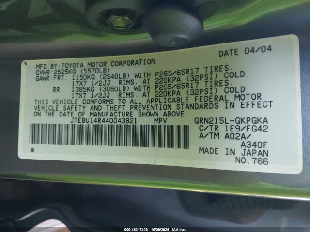 Aukcja sprzedaży 2004 Toyota 4runner Sr5 V6, vin: JTEBU14R440043821, numer aukcji: 46317409