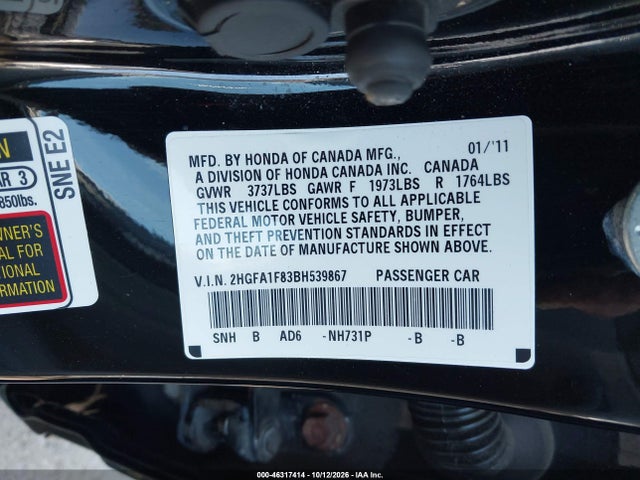 Продажа на аукционе авто 2011 Honda Civic Ex, vin: 2HGFA1F83BH539867, номер лота: 46317414