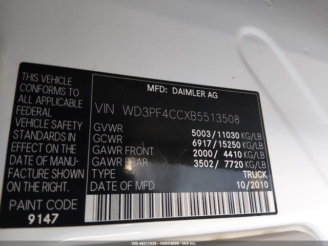 2011 Mercedes-benz Sprinter 3500 High  Roof მანქანა იყიდება აუქციონზე, vin: WD3PF4CCXB5513508, აუქციონის ნომერი: 46317429