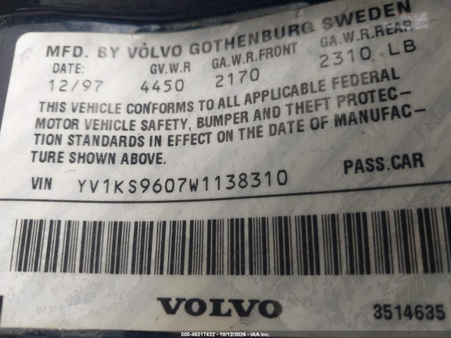 Продажа на аукционе авто 1998 Volvo S90, vin: YV1KS9607W1138310, номер лота: 46317432