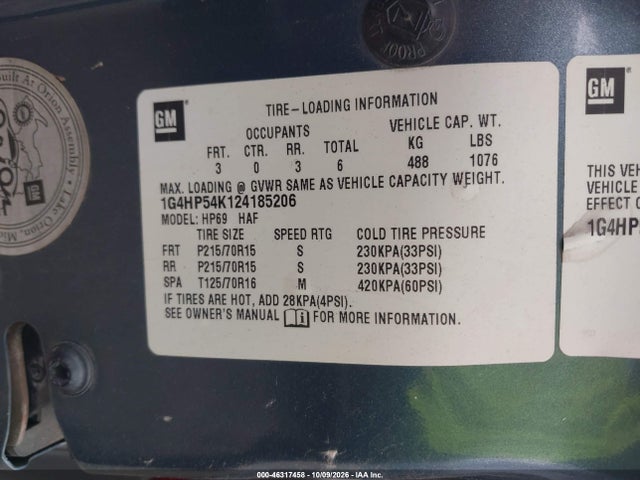 46317458 :رقم المزاد ، 1G4HP54K124185206 vin ، 2002 Buick Lesabre Custom مزاد بيع