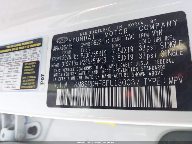 2015 Hyundai Santa Fe Limited მანქანა იყიდება აუქციონზე, vin: KM8SRDHF8FU130037, აუქციონის ნომერი: 46317462