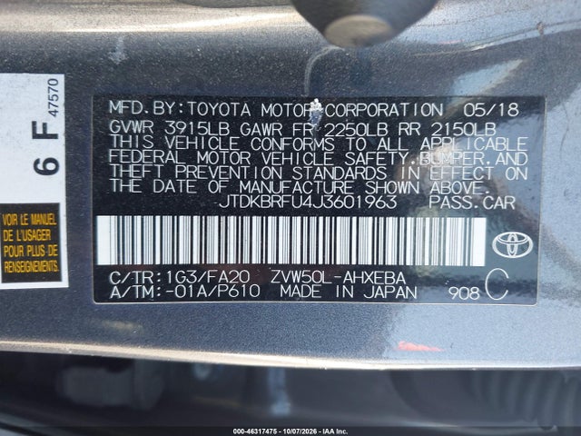 46317475 :رقم المزاد ، JTDKBRFU4J3601963 vin ، 2018 Toyota Prius One مزاد بيع