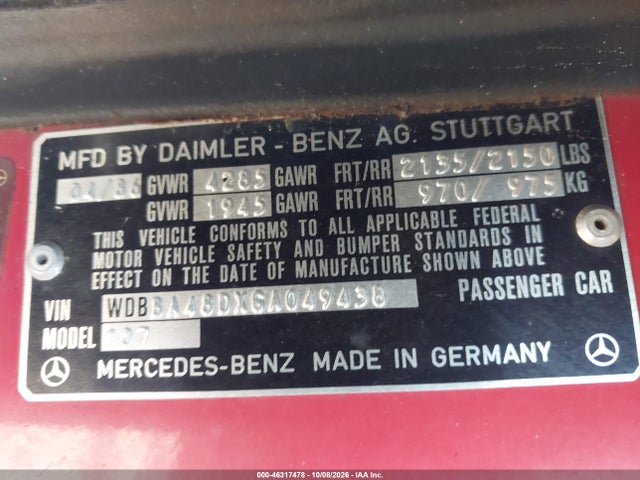 Aukcja sprzedaży 1986 Mercedes-benz 560 Sl, vin: WDBBA48DXGA049438, numer aukcji: 46317478