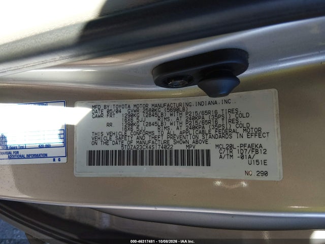 Продаж на аукціоні авто 2004 Toyota Sienna Le, vin: 5TDZA23CX4S174022, номер лоту: 46317481
