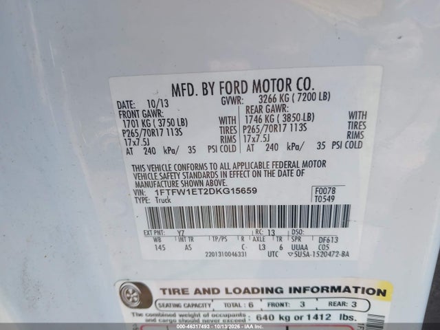 46317493 :رقم المزاد ، 1FTFW1ET2DKG15659 vin ، 2013 Ford F-150 Xl مزاد بيع