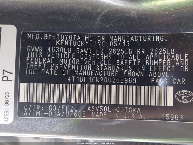 Продаж на аукціоні авто 2013 Toyota Camry Se, vin: 4T1BF1FK2DU265969, номер лоту: 46317500