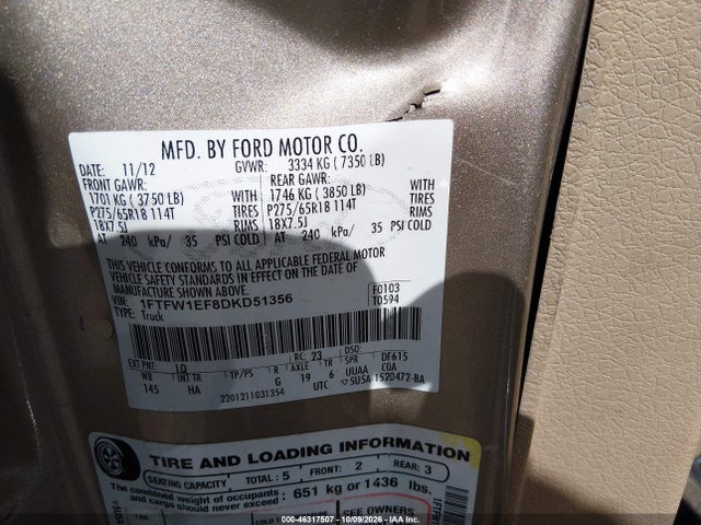 Продажа на аукционе авто 2013 Ford F-150 Lariat, vin: 1FTFW1EF8DKD51356, номер лота: 46317507