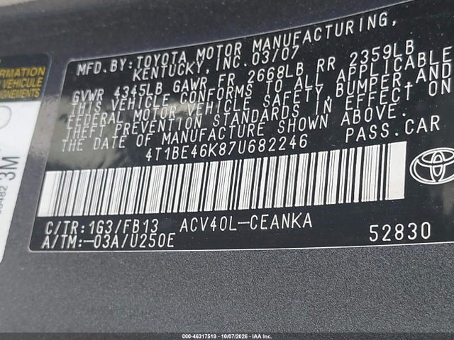 Продажа на аукционе авто 2007 Toyota Camry Le, vin: 4T1BE46K87U682246, номер лота: 46317519