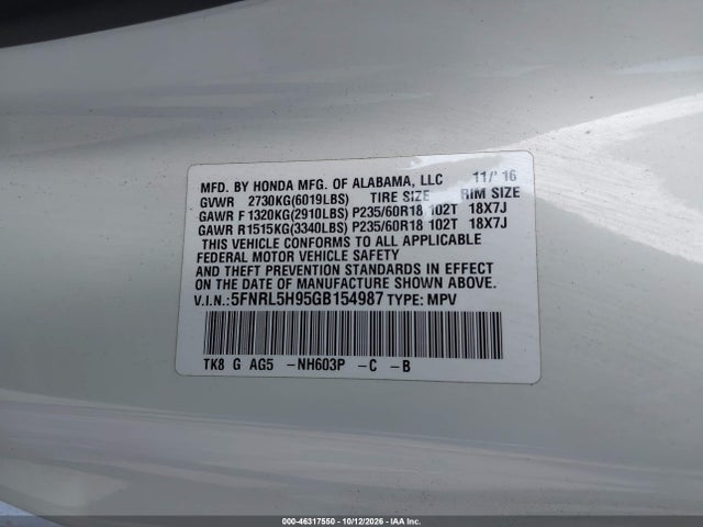 Продаж на аукціоні авто 2016 Honda Odyssey Touring/touring Elite, vin: 5FNRL5H95GB154987, номер лоту: 46317550