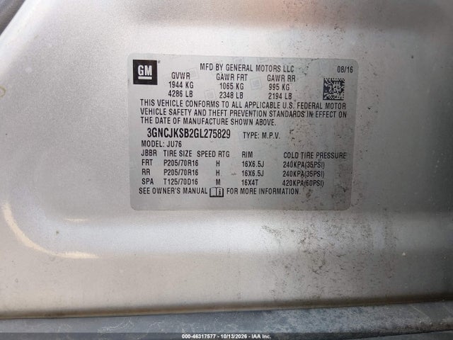 Aukcja sprzedaży 2016 Chevrolet Trax 1ls, vin: 3GNCJKSB2GL275829, numer aukcji: 46317577