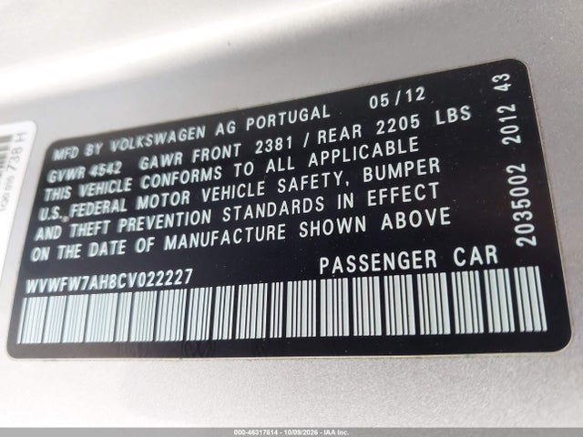 Продажа на аукционе авто 2012 Volkswagen Eos Lux, vin: WVWFW7AH8CV022227, номер лота: 46317614