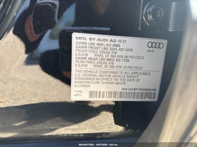 Продаж на аукціоні авто 2022 Audi Q7 Premium 55 Tfsi Quattro Tiptronic, vin: WA1AXBF75ND004166, номер лоту: 46317626