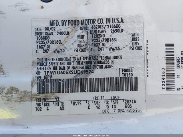 2002 Ford Explorer Sport მანქანა იყიდება აუქციონზე, vin: 1FMYU60EX2UD69574, აუქციონის ნომერი: 46317636