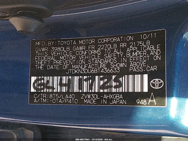 Aukcja sprzedaży 2011 Toyota Prius Four, vin: JTDKN3DU6B1436633, numer aukcji: 46317641