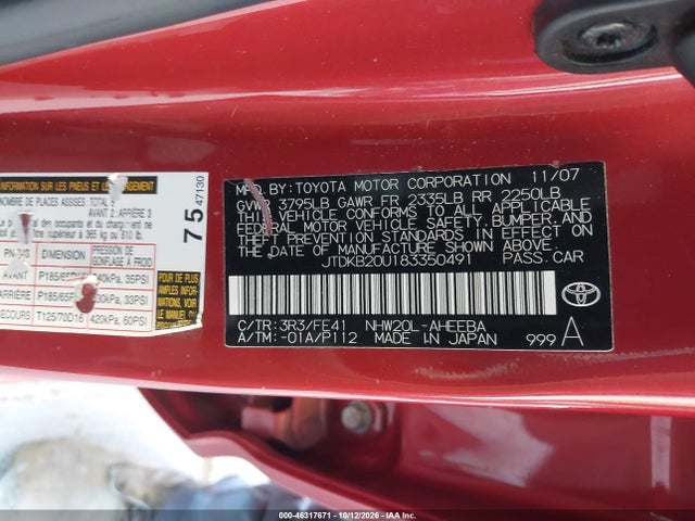 Aukcja sprzedaży 2008 Toyota Prius, vin: JTDKB20U183350491, numer aukcji: 46317671