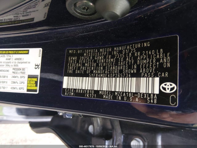 Aukcja sprzedaży 2025 Toyota Corolla Le, vin: 5YFB4MDE4SP265734, numer aukcji: 46317676