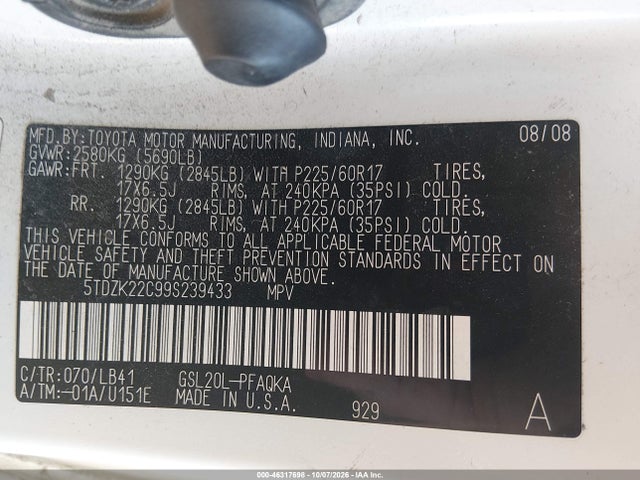 Aukcja sprzedaży 2009 Toyota Sienna Xle, vin: 5TDZK22C99S239433, numer aukcji: 46317698