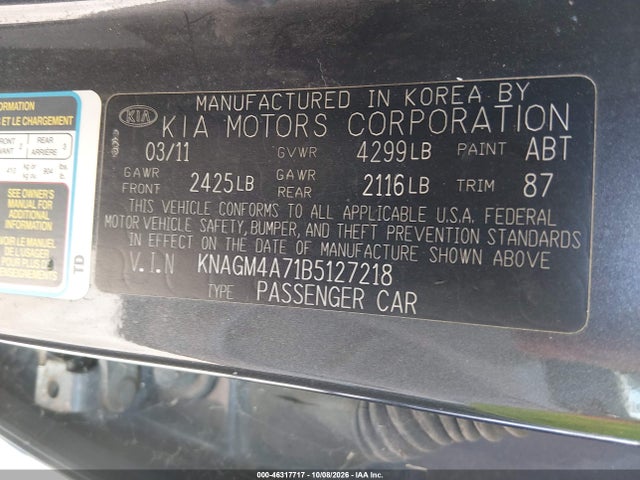 46317717 :رقم المزاد ، KNAGM4A71B5127218 vin ، 2011 Kia Optima Lx مزاد بيع