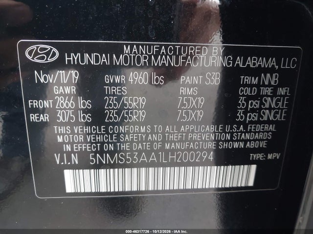 2020 Hyundai Santa Fe Limited 2.0t მანქანა იყიდება აუქციონზე, vin: 5NMS53AA1LH200294, აუქციონის ნომერი: 46317726
