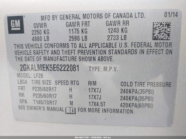 Aukcja sprzedaży 2014 Gmc Terrain Sle-1, vin: 2GKALMEK5E6222081, numer aukcji: 46317748