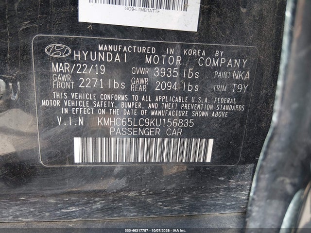 Продаж на аукціоні авто 2019 Hyundai Ioniq Hybrid Blue, vin: KMHC65LC9KU156835, номер лоту: 46317757
