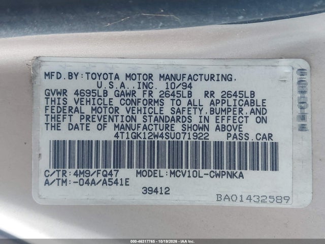 Aukcja sprzedaży 1995 Toyota Camry Le, vin: 4T1GK12W4SU071922, numer aukcji: 46317765